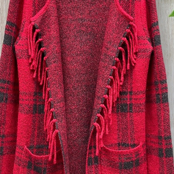 ADRIENNE VITTADINI Red Black Jacquard Coatigan Sweater Jacket With Fringe - Picture 6 of 6